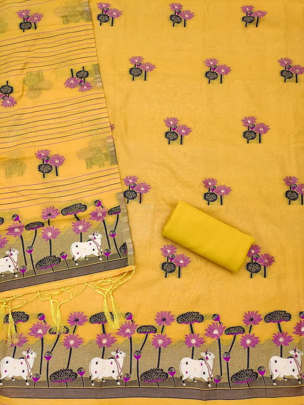 Yellow_Muga_Banarasi_Cotton_Weaving_Unstitched_Kurta_Set_For_Women