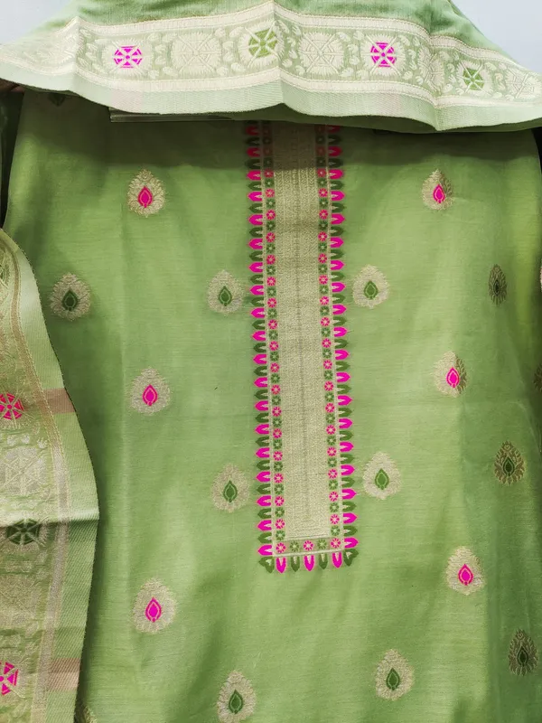 Pista_Chanderi_Banarasi_Cotton_Weaving_Unstitched_Kurta_Set_For_Women