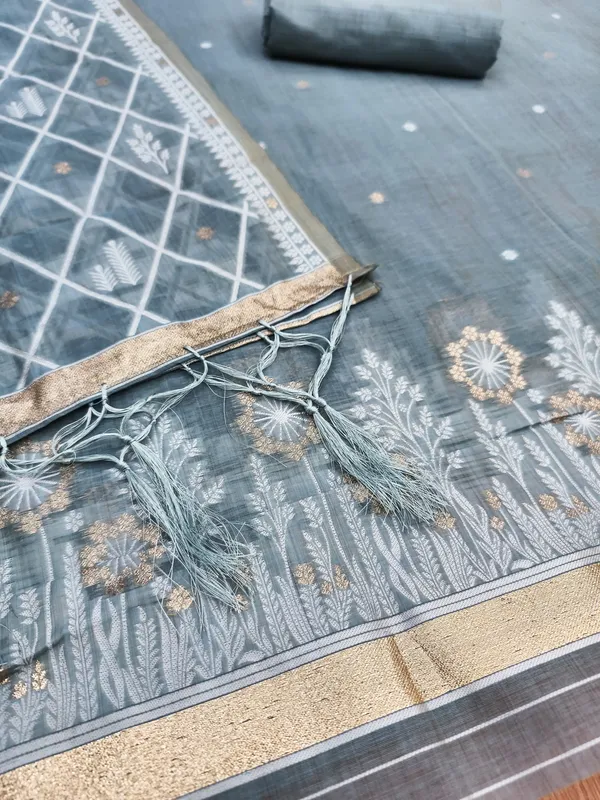 Grey_Jamdani_Banarasi_Cotton_Weaving_Unstitched_Kurta_Set_For_Women