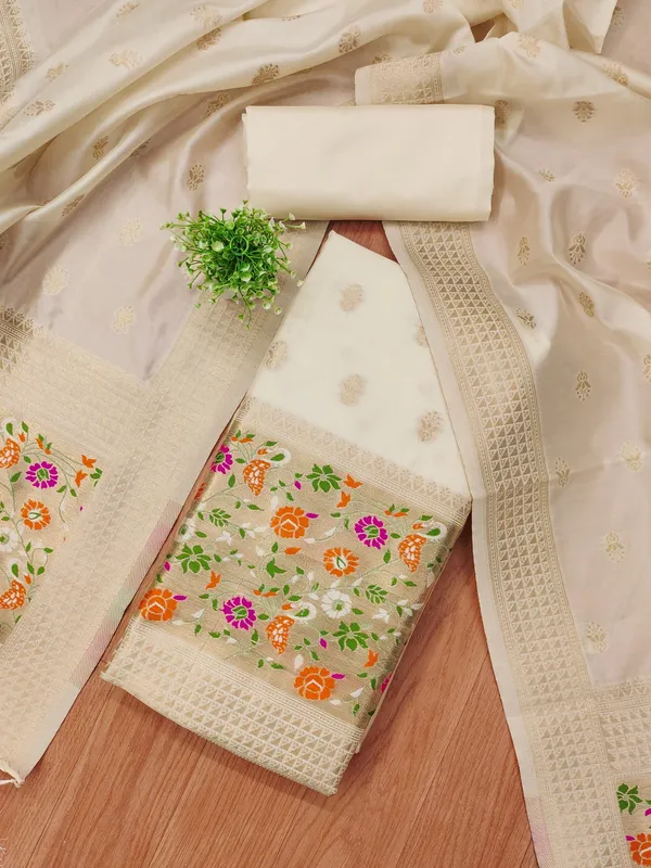 White_Soft_Litchi_Banarasi_Silk_Weaving_Unstitched_Kurta_Set_For_Women
