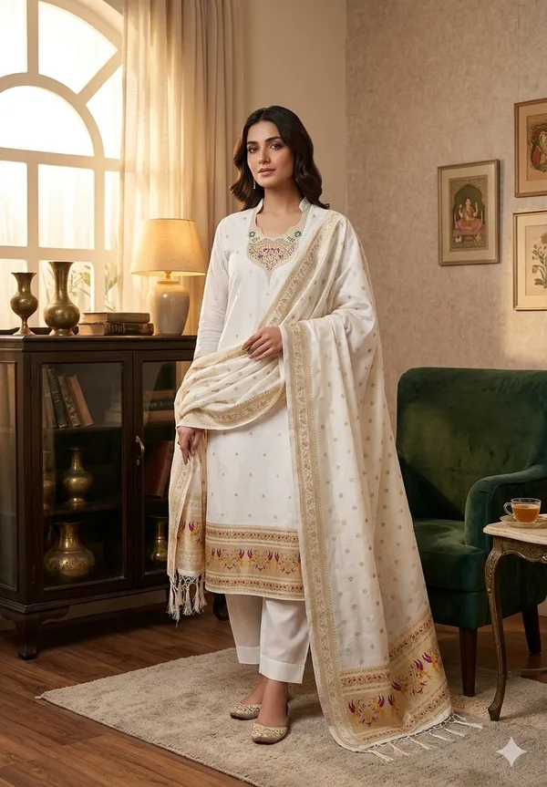 White_Soft_Litchi_Banarasi_Silk_Weaving_Unstitched_Kurta_Set_For_Women