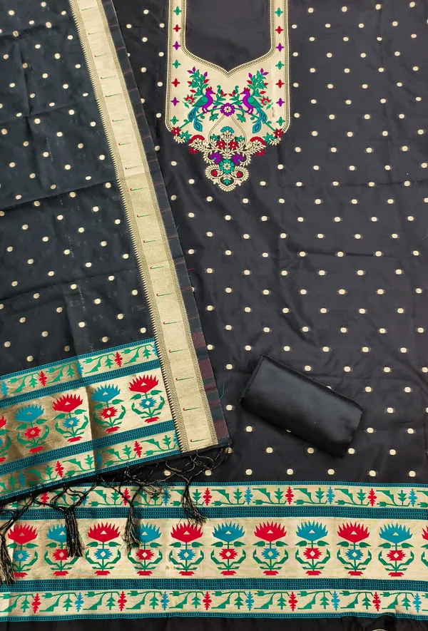 Black_Soft_Litchi_Banarasi_Silk_Weaving_Unstitched_Kurta_Set_For_Women