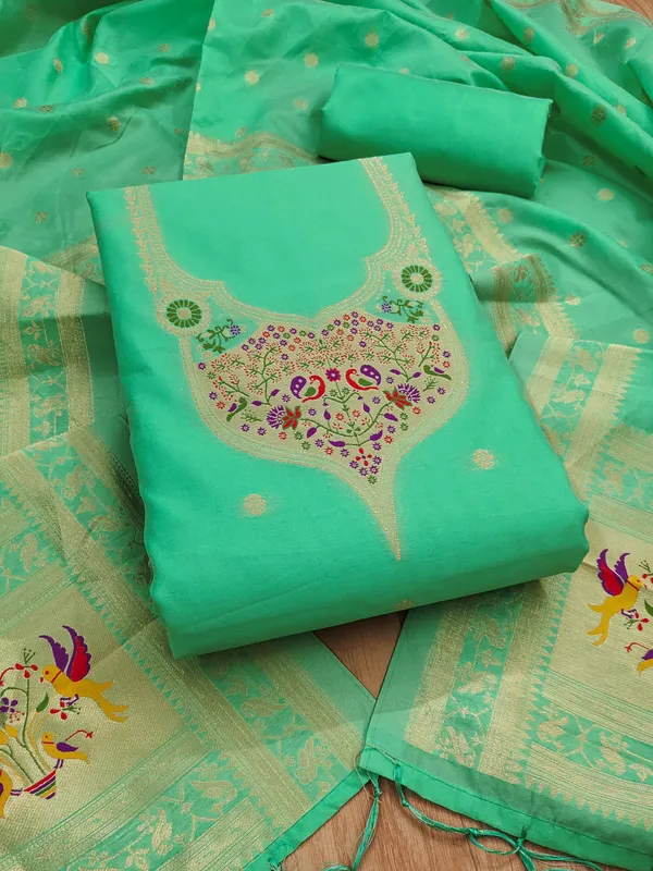 Sage_Green_Soft_Litchi_Banarasi_Silk_Weaving_Unstitched_Kurta_Set_For_Women