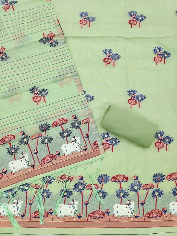 Pista_Muga_Banarasi_Cotton_Weaving_Unstitched_Kurta_Set_For_Women