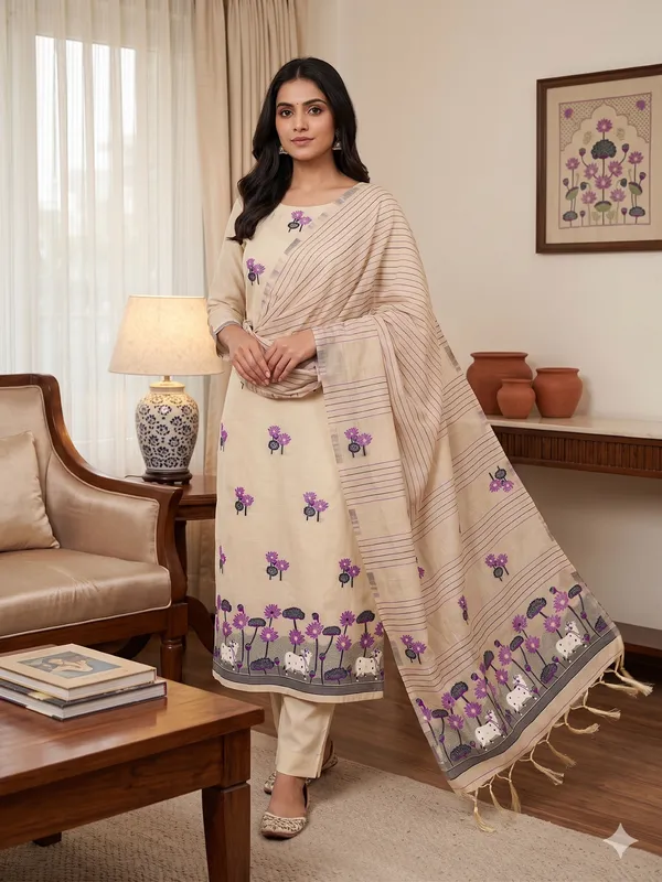 Chiku_Muga_Banarasi_Cotton_Weaving_Unstitched_Kurta_Set_For_Women
