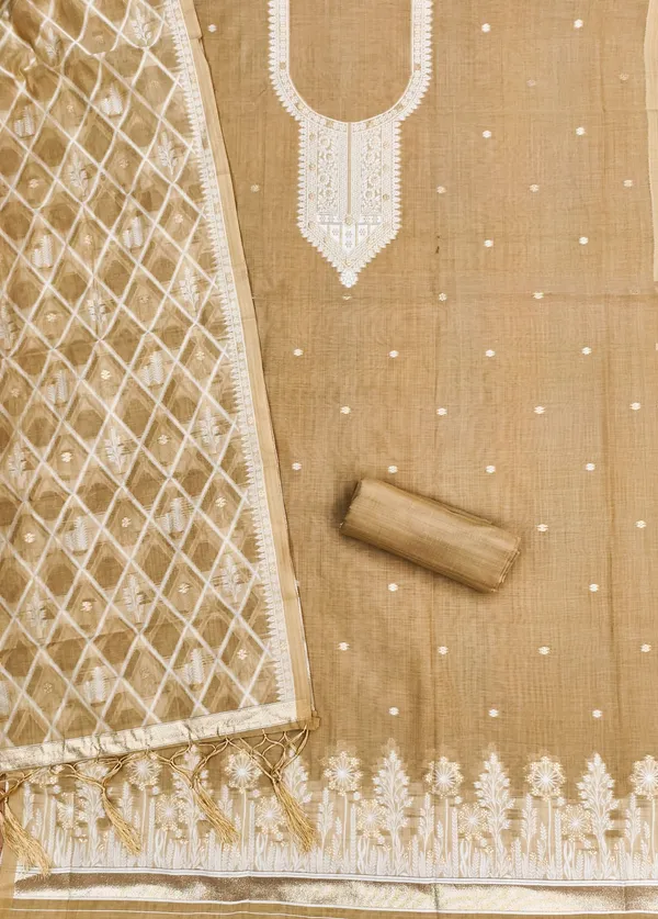 Cream_Jamdani_Banarasi_Cotton_Weaving_Unstitched_Kurta_Set_For_Women