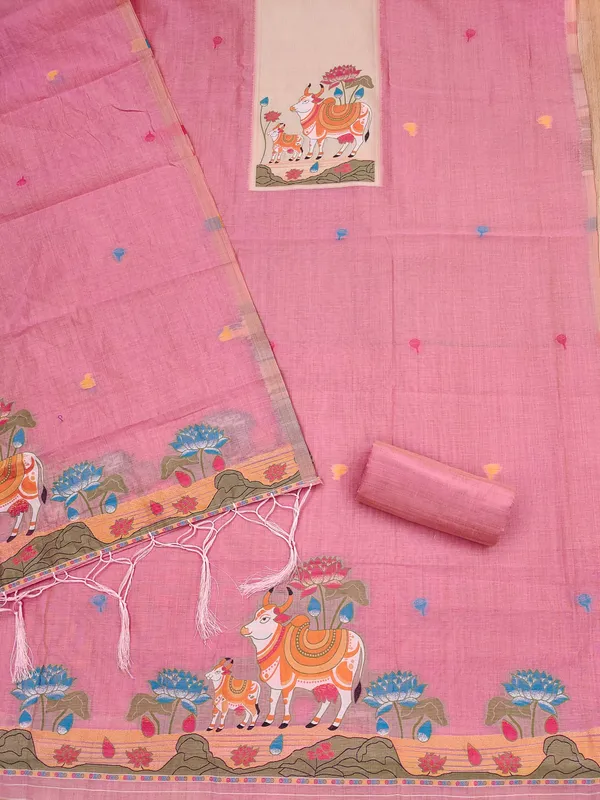 Pink_Jamdani_Banarasi_Cotton_Weaving_Unstitched_Kurta_Set_For_Women