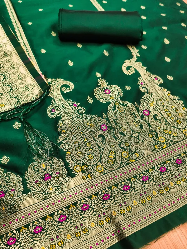 Bottle_Green_Soft_Litchi_Banarasi_Silk_Weaving_Unstitched_Kurta_Set_For_Women