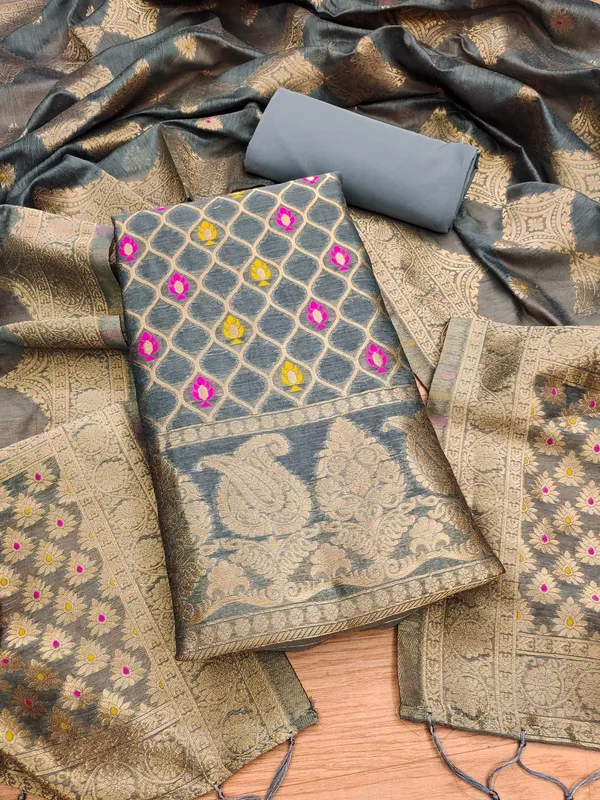 Grey_Chanderi_Banarasi_Cotton_Weaving_Unstitched_Kurta_Set_For_Women