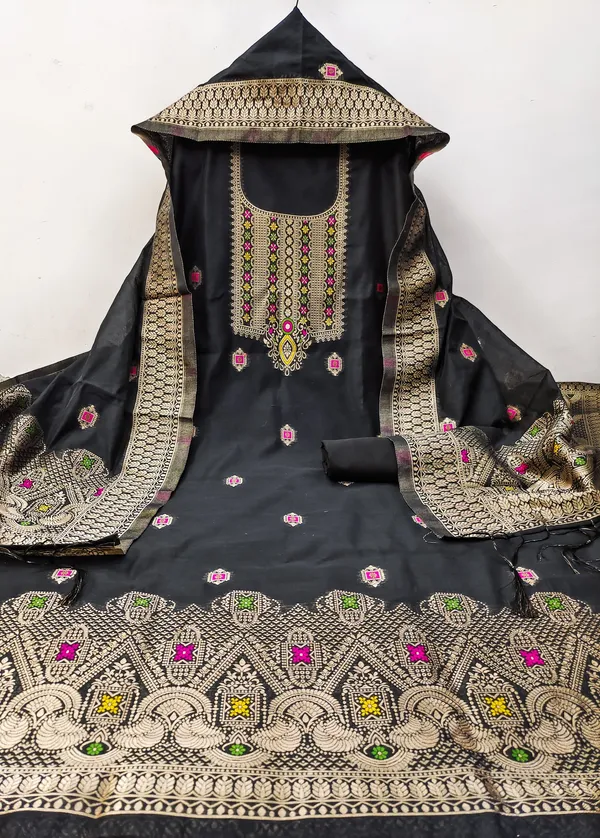 Black_Chanderi_Banarasi_Cotton_Weaving_Unstitched_Kurta_Set_For_Women