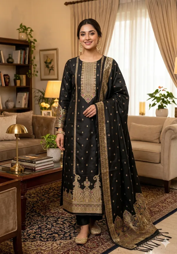 Black_Soft_Litchi_Banarasi_Silk_Weaving_Unstitched_Kurta_Set_For_Women