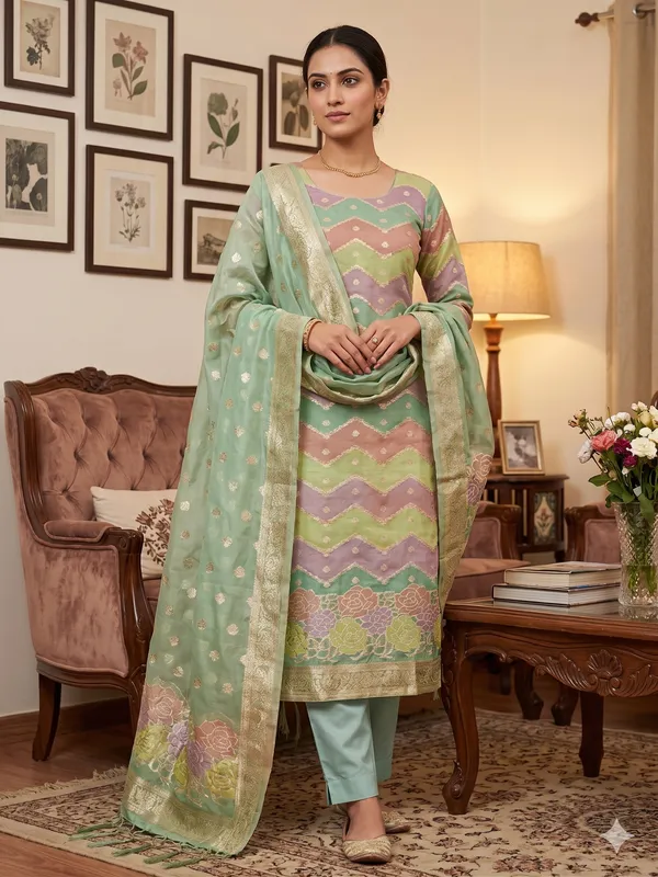 Green_Organza_Banarasi_Silk_Weaving_Unstitched_Kurta_Set_For_Women