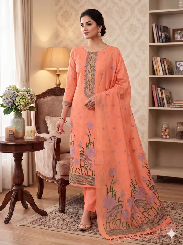 Peach_Muga_Banarasi_Cotton_Weaving_Unstitched_Kurta_Set_For_Women