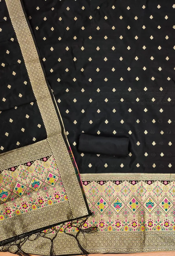 Black_Soft_Litchi_Banarasi_Silk_Weaving_Unstitched_Kurta_Set_For_Women