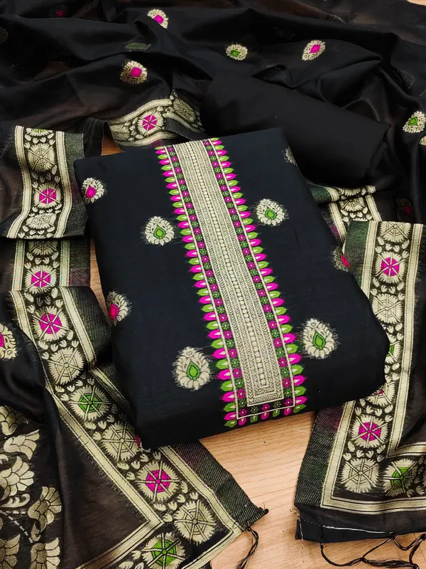 Black_Chanderi_Banarasi_Cotton_Weaving_Unstitched_Kurta_Set_For_Women