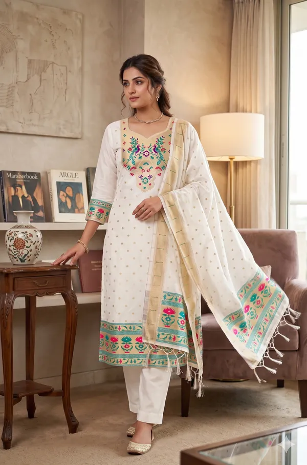 White_Soft_Litchi_Banarasi_Silk_Weaving_Unstitched_Kurta_Set_For_Women