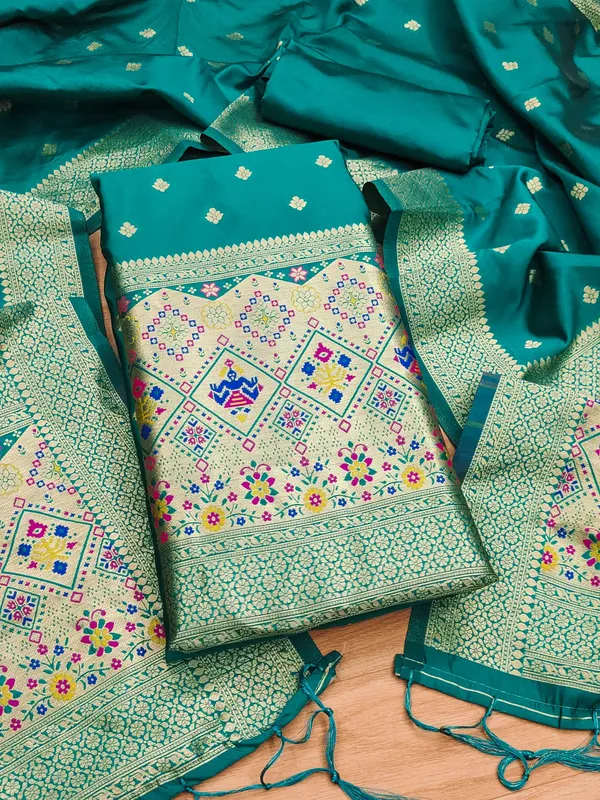 Teal_Soft_Litchi_Banarasi_Silk_Weaving_Unstitched_Kurta_Set_For_Women
