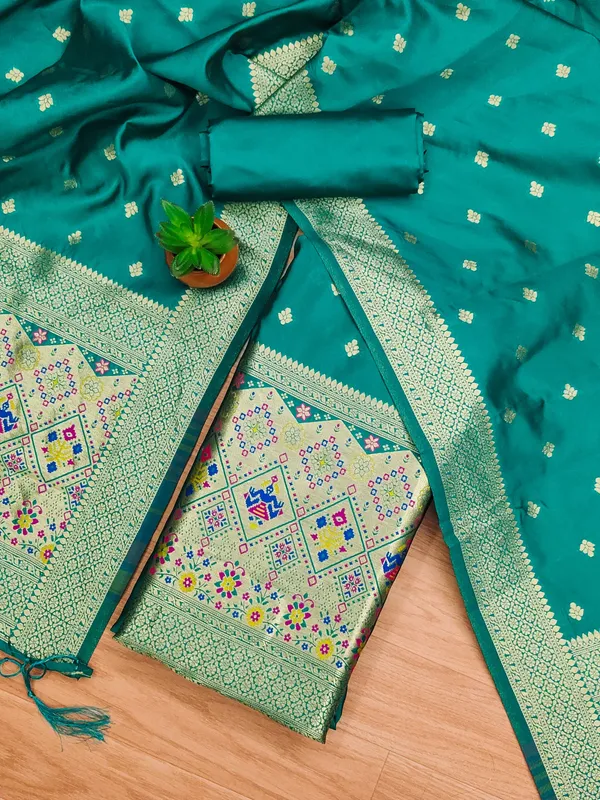 Teal_Soft_Litchi_Banarasi_Silk_Weaving_Unstitched_Kurta_Set_For_Women