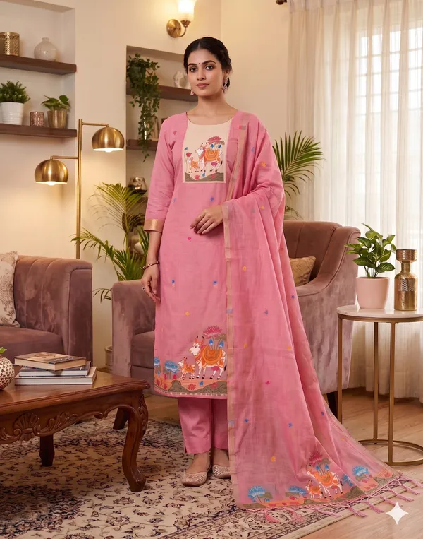 Pink_Jamdani_Banarasi_Cotton_Weaving_Unstitched_Kurta_Set_For_Women