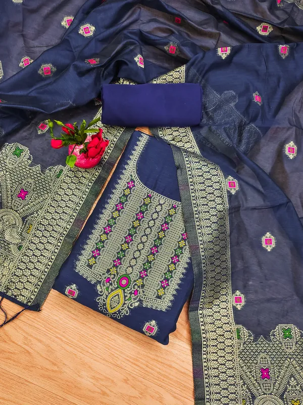 Navy_Blue_Chanderi_Banarasi_Cotton_Weaving_Unstitched_Kurta_Set_For_Women