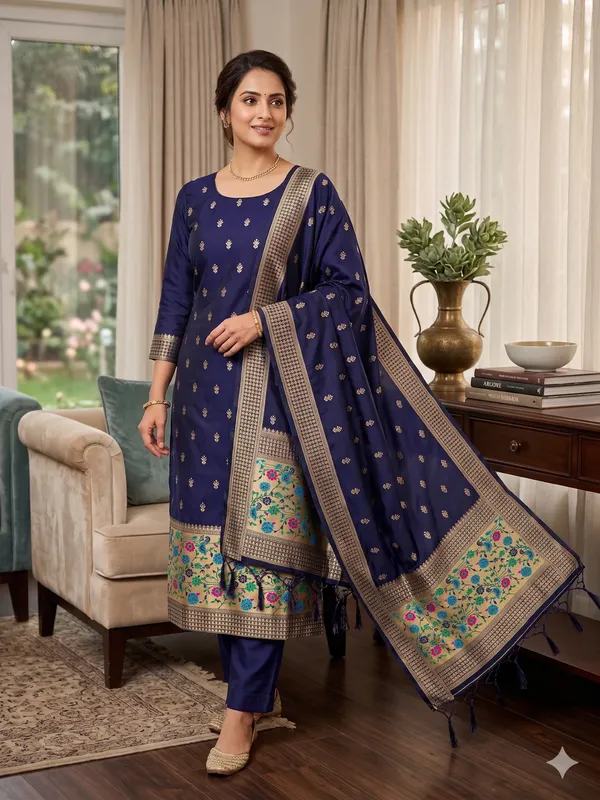 Navy_Blue_Soft_Litchi_Banarasi_Silk_Weaving_Unstitched_Kurta_Set_For_Women