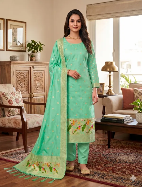 Sea_Green_Soft_Litchi_Banarasi_Silk_Weaving_Unstitched_Kurta_Set_For_Women