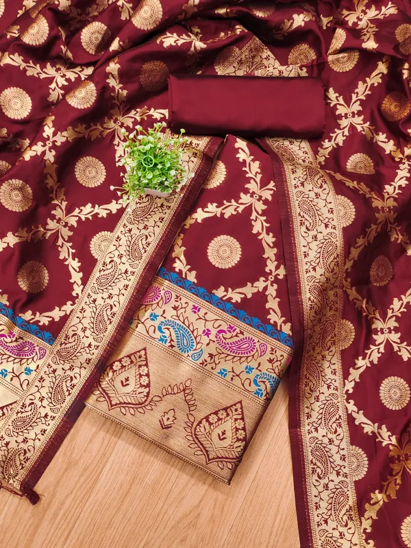 Maroon_Soft_Litchi_Banarasi_Silk_Weaving_Unstitched_Kurta_Set_For_Women