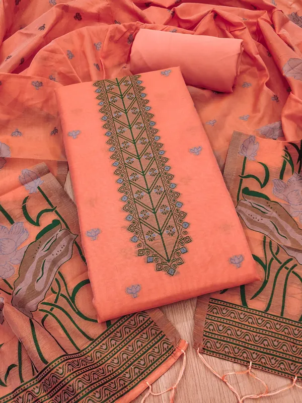 Peach_Muga_Banarasi_Cotton_Weaving_Unstitched_Kurta_Set_For_Women