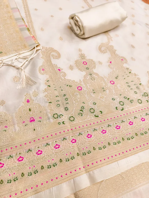 White_Soft_Litchi_Banarasi_Silk_Weaving_Unstitched_Kurta_Set_For_Women