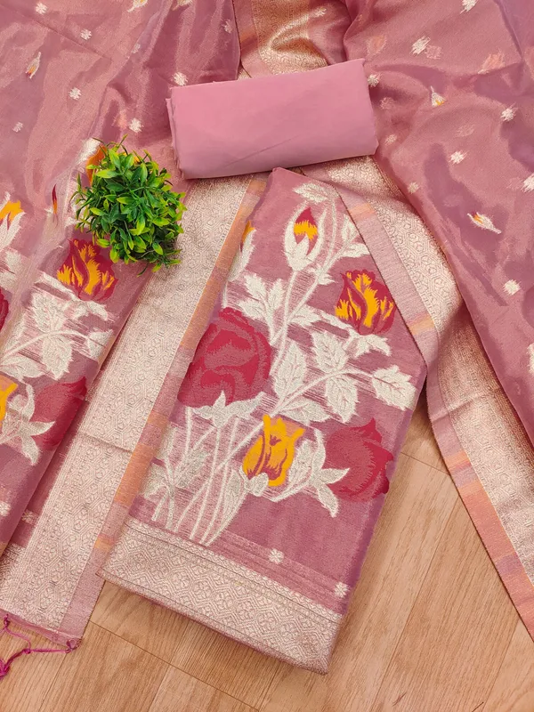 Pink_Shimmer_Banarasi_Silk_Weaving_Unstitched_Kurta_Set_For_Women