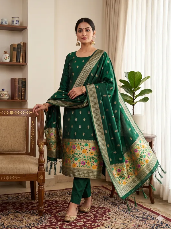 Bottle_Green_Soft_Litchi_Banarasi_Silk_Weaving_Unstitched_Kurta_Set_For_Women
