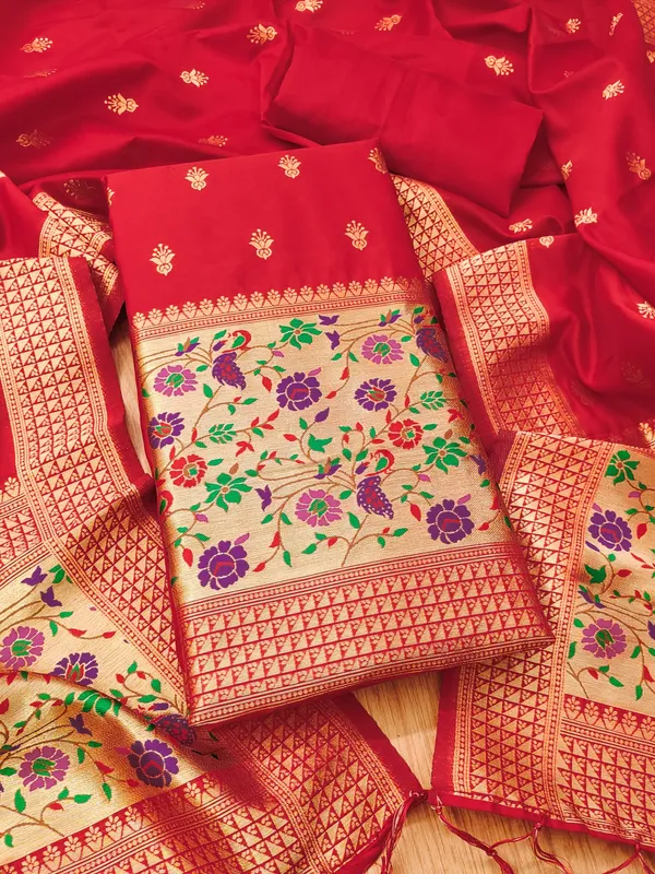 Red_Soft_Litchi_Banarasi_Silk_Weaving_Unstitched_Kurta_Set_For_Women