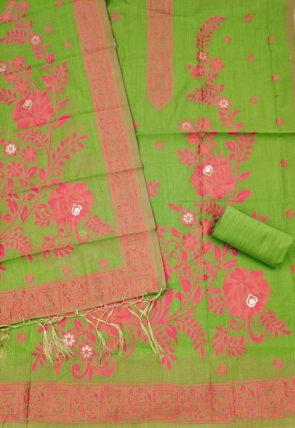 Pista_Jamdani_Banarasi_Cotton_Weaving_Unstitched_Kurta_Set_For_Women