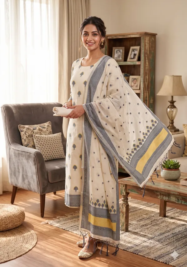 Grey_Handloom_Banarasi_Cotton_Weaving_Unstitched_Kurta_Set_For_Women