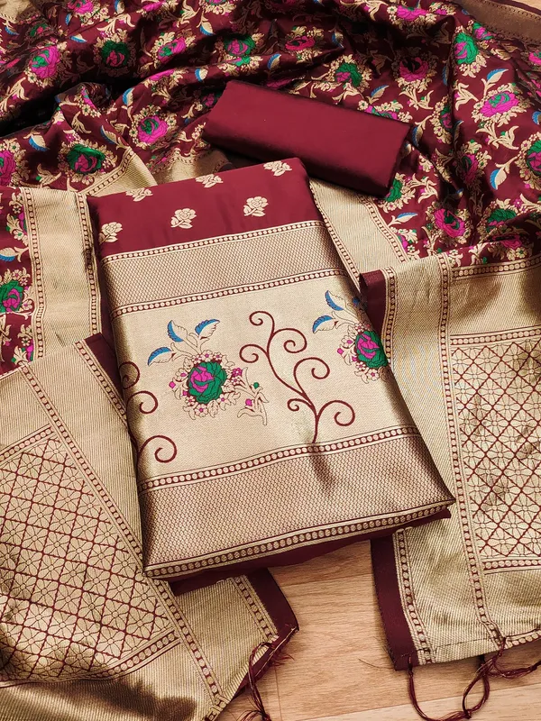 Maroon_Soft_Litchi_Banarasi_Silk_Weaving_Unstitched_Kurta_Set_For_Women