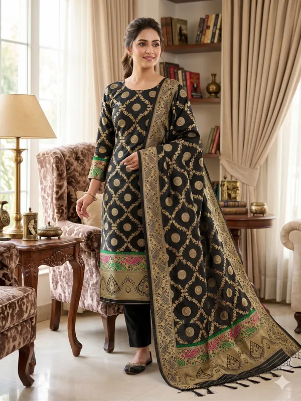 Black_Soft_Litchi_Banarasi_Silk_Weaving_Unstitched_Kurta_Set_For_Women