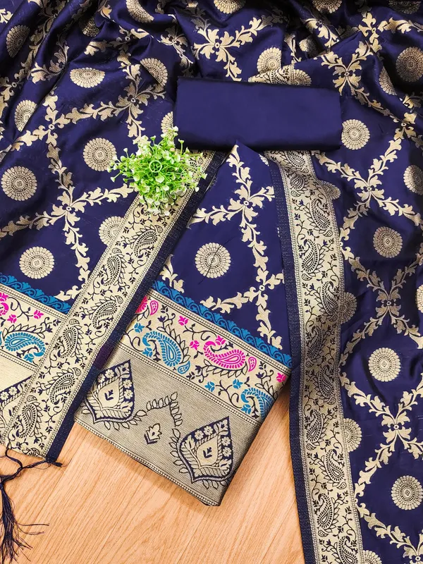 Navy_Blue_Soft_Litchi_Banarasi_Silk_Weaving_Unstitched_Kurta_Set_For_Women