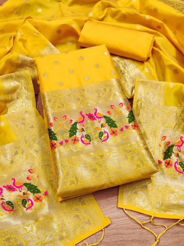 Yellow_Soft_Litchi_Banarasi_Silk_Weaving_Unstitched_Kurta_Set_For_Women