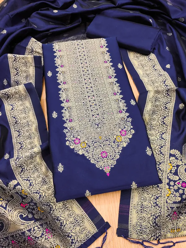 Navy_Blue_Soft_Litchi_Banarasi_Silk_Weaving_Unstitched_Kurta_Set_For_Women