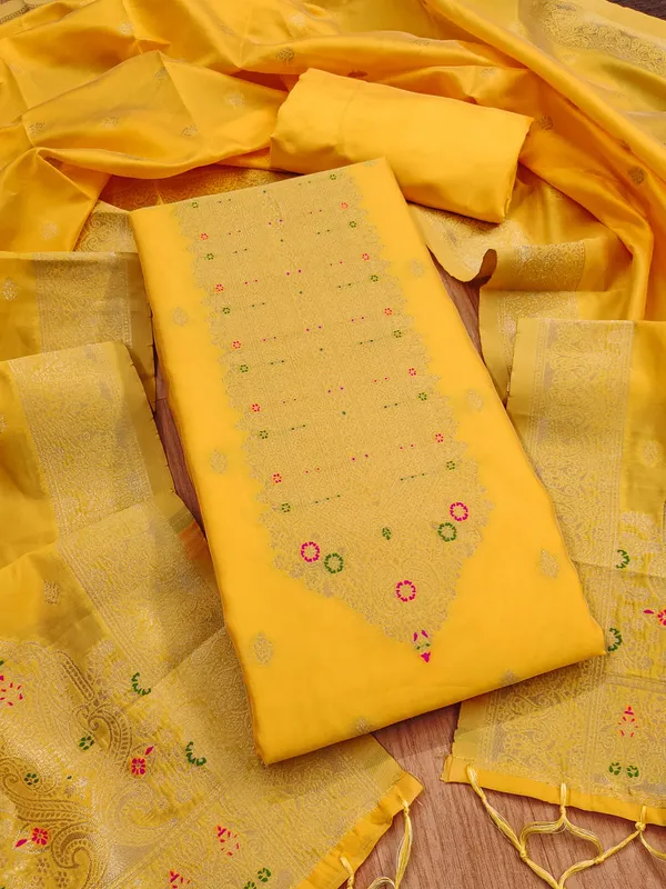 Yellow_Soft_Litchi_Banarasi_Silk_Weaving_Unstitched_Kurta_Set_For_Women