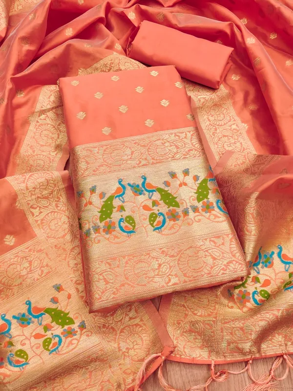 Orange_Soft_Litchi_Banarasi_Silk_Weaving_Unstitched_Kurta_Set_For_Women