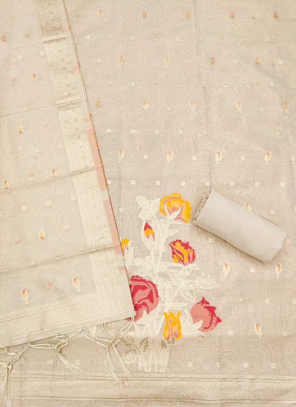 Cream_Shimmer_Banarasi_Silk_Weaving_Unstitched_Kurta_Set_For_Women