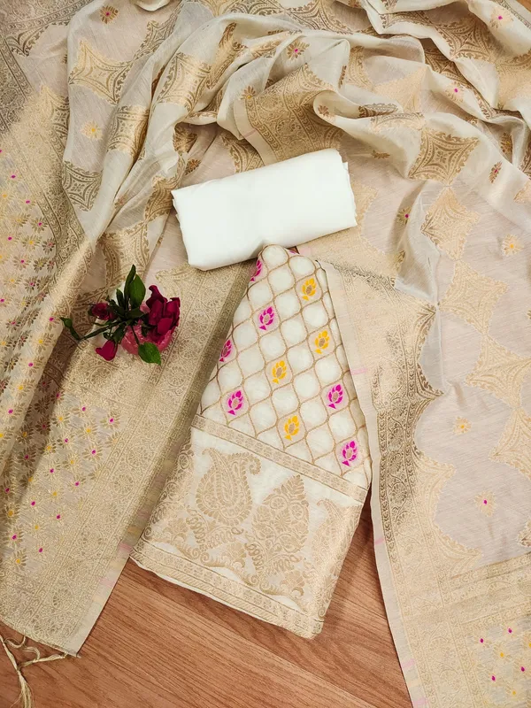 White_Chanderi_Banarasi_Cotton_Weaving_Unstitched_Kurta_Set_For_Women
