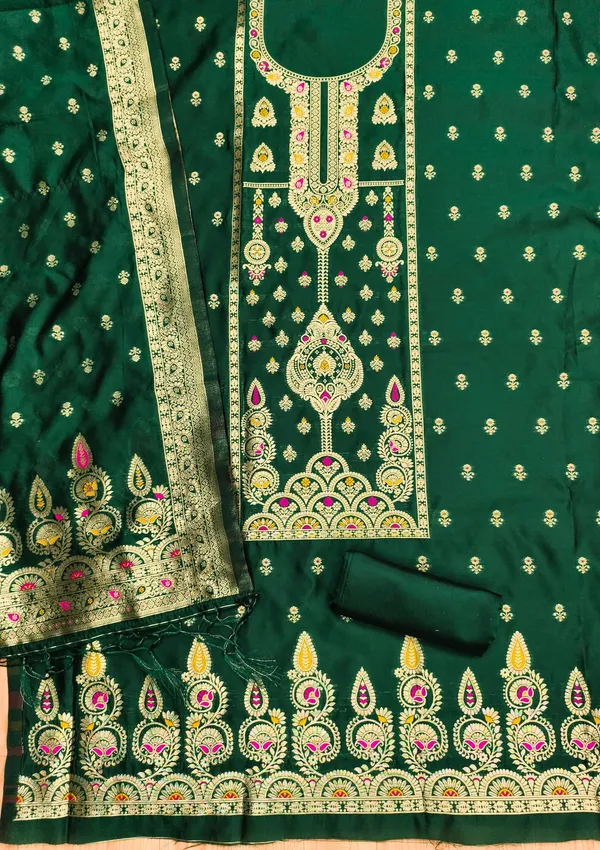 Green_Soft_Litchi_Banarasi_Silk_Weaving_Unstitched_Kurta_Set_For_Women