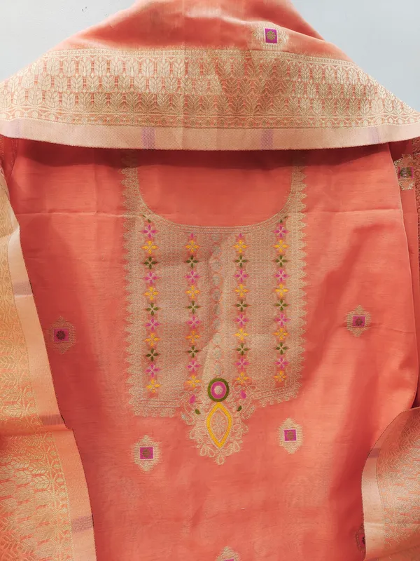 Peach_Chanderi_Banarasi_Cotton_Weaving_Unstitched_Kurta_Set_For_Women