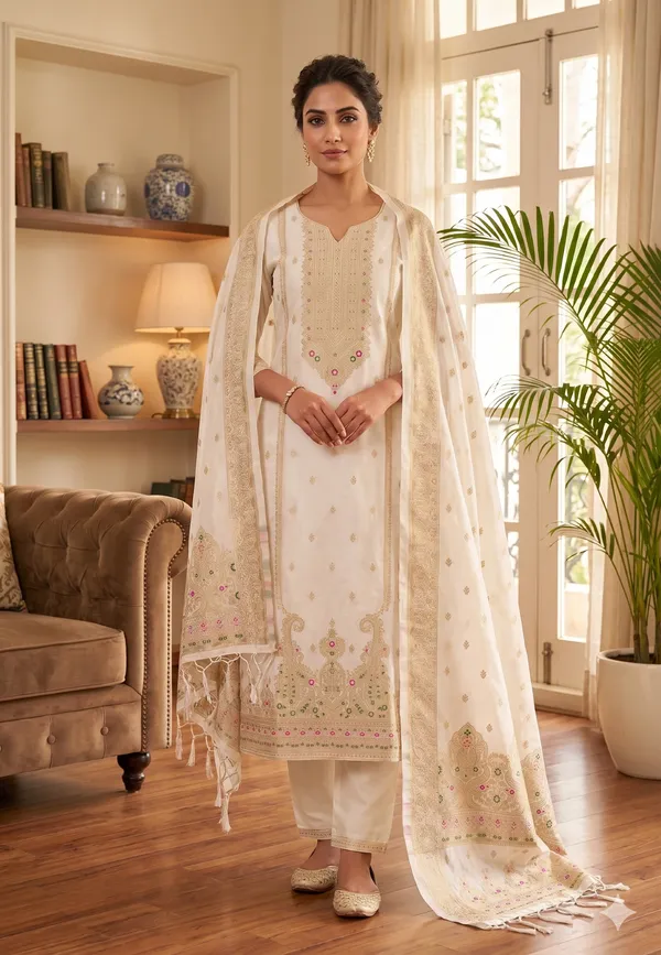 White_Soft_Litchi_Banarasi_Silk_Weaving_Unstitched_Kurta_Set_For_Women