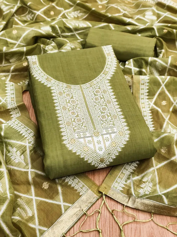 Mehendi_Jamdani_Banarasi_Cotton_Weaving_Unstitched_Kurta_Set_For_Women