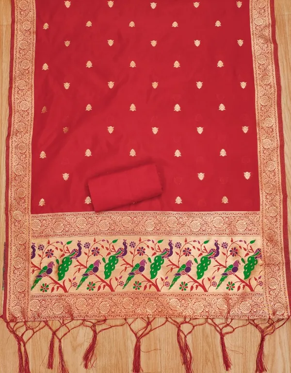 Red_Soft_Litchi_Banarasi_Silk_Weaving_Unstitched_Kurta_Set_For_Women