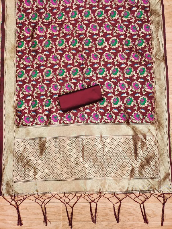 Maroon_Soft_Litchi_Banarasi_Silk_Weaving_Unstitched_Kurta_Set_For_Women