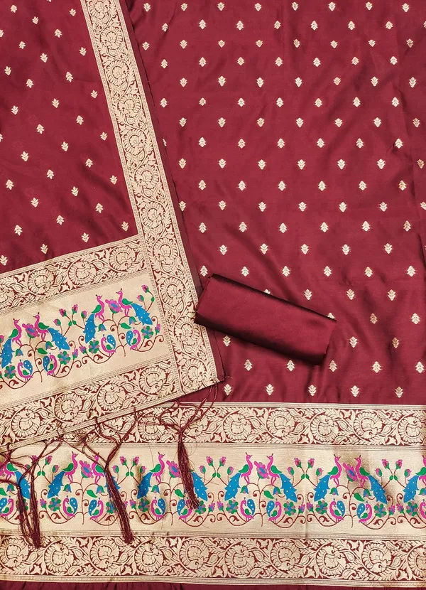 Maroon_Soft_Litchi_Banarasi_Silk_Weaving_Unstitched_Kurta_Set_For_Women